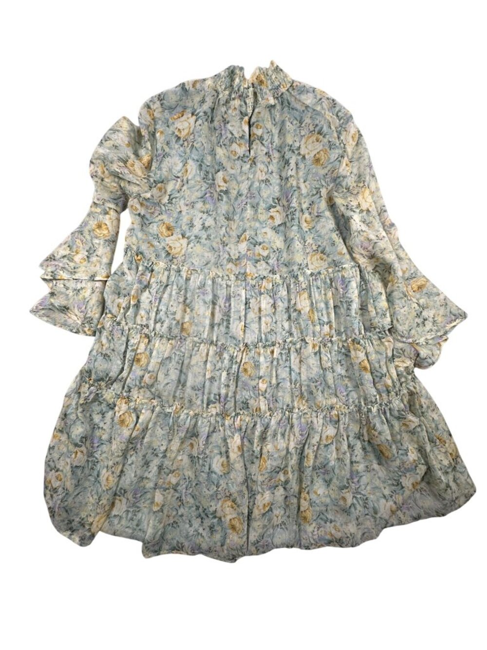 Storia Floral Tiered Long-Sleeve Midi Dress Ruffled Neckline Sheer Overlay Small - Picture 3 of 7